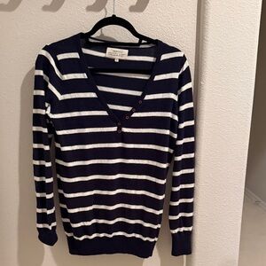 Trovata Navy and White V-Neck Sweater